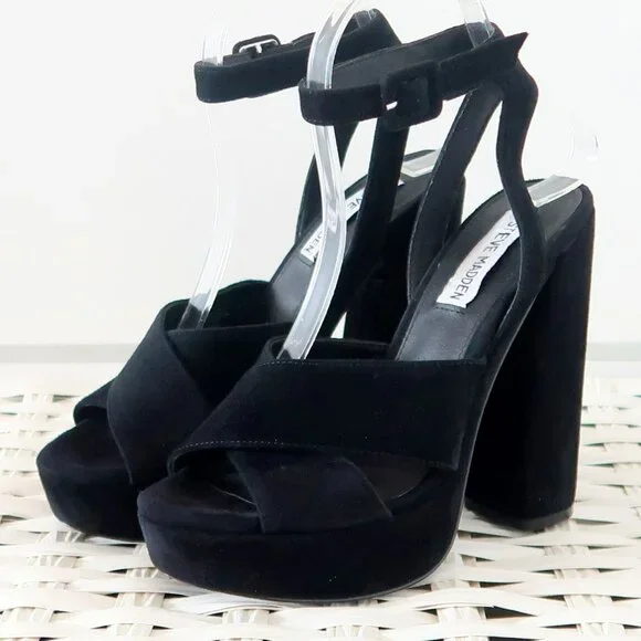 Steve Madden Jodi Black Suede Leather Platform Ankle Strap High Heel Sandals 7 - Picture 10 of 14